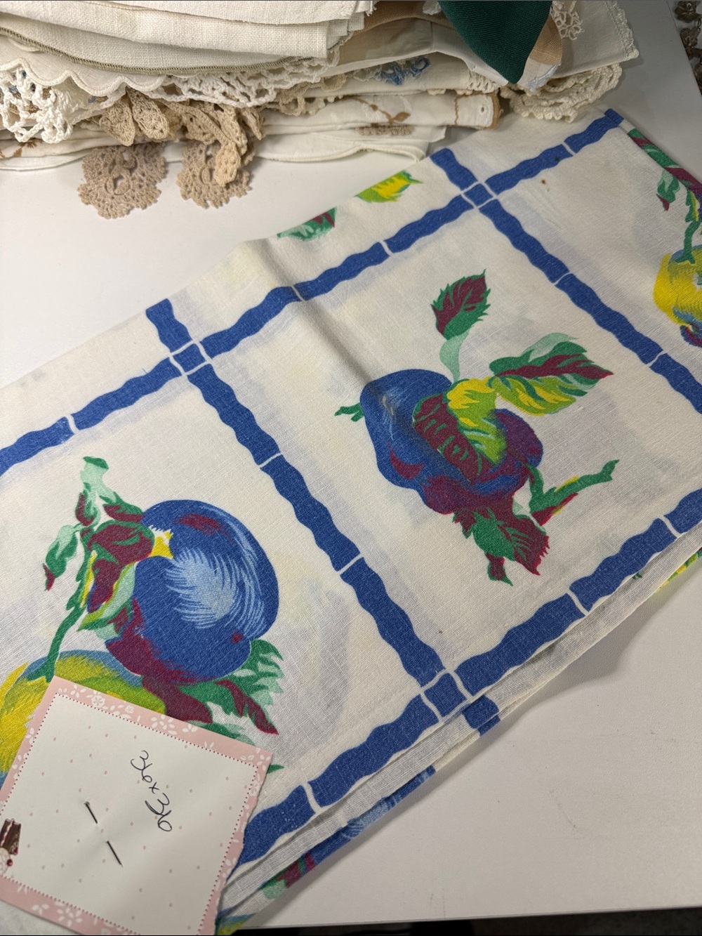 Vintage Fruit Print Linen tablecloth- Blue, Green, Yellow, Red
